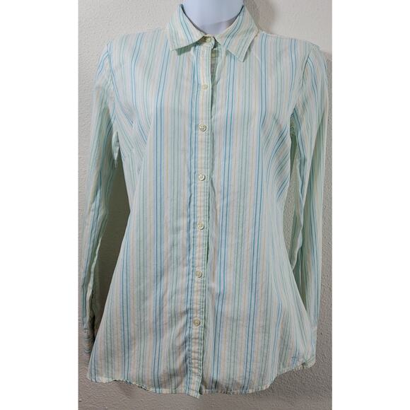 Tommy Hilfiger White Blue Green Striped Button Up Top XS Lightweight Soft - Picture 1 of 7